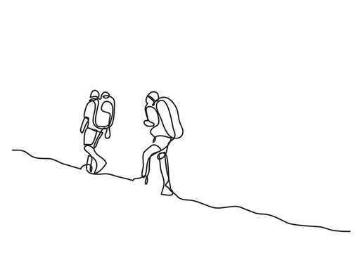 continuous line drawing vector illustration with FULLY EDITABLE STROKE of travelers walking