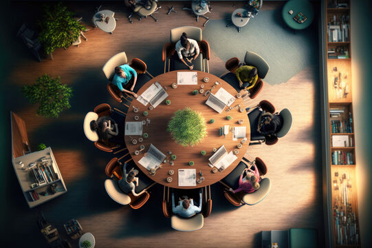 Conference room with a group of employees, staff working on their laptops and documents, management, consultants, business managers, strategists, ad agencies, brainstorming, bird's eye view