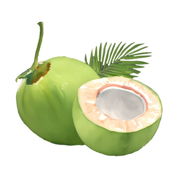 green coconut digital drawing with watercolor style illustration