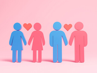 3D same sex marriage icon on isolated pink background, Sexual Orientations. LGBT Pride Month is celebrated every year in June. 3d render. Gay, lesbian.