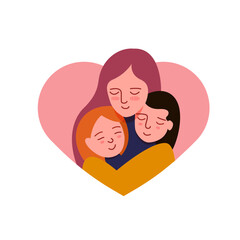 Mother hugging childs. Vector flat color icon illustration for concepts like Mother's day. Mother holding daugthers