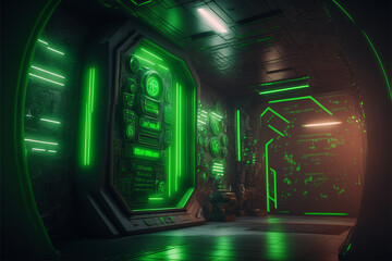 Fototapeta na wymiar Cyber green sci-fi futuristic background. Generative AI