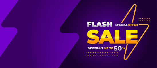 Flash sale banner vector, horizontal background of discount event for media promotion and social media post