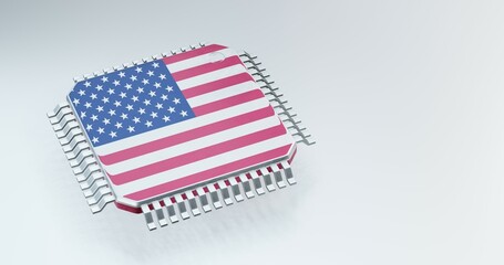  3d render of microchip or semiconductor chip with countries flag for supply chain concept.