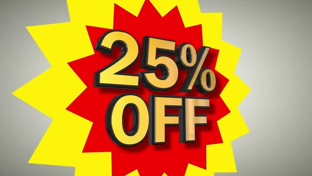 回転し前面に飛び出す反射する25％OFFの立体文字にギザギザの背景と白背景