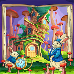 Cartoon, illustration of two rabbits in the mushroom forest