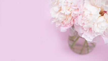 Beautiful garden peony flowers bouquet on pink background. Top view flat lay with space for your holiday greetings