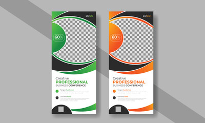 Modern corporate business conference roll up banner design or promotional standee exhibition template