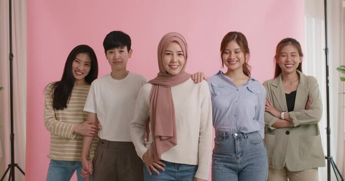 Group Of Young People Gen Z Talent Workforce Relax Smile Look At Camera Standing Studio Shot Shooting. Power Of Diverse Asia Girl Woman, Youth LGBT Gay Lesbian, Islam Female Lady Unity In Women's Day.