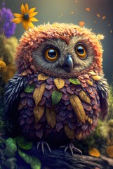 Enchanting mythical owl camouflaged in magical blooming spring flowers in forest. Silent, mysterious and wise bird of prey keeping a solitary wide eyed watch - generative AI illustration.
