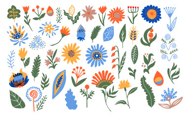 Colorful doodle floral illustration set inspired Ukrainian naive folk art good for decorating