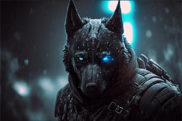 Fototapeten Illustrated Ultra Realistic Werewolf Militant Upgraded In Iron Army - S.W.A.T Outfit     Baby Groot     CyberPunk © Artist Bro