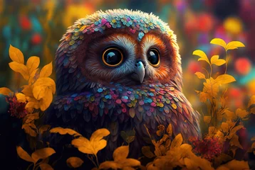 Gardinen Enchanting mythical owl camouflaged in magical blooming spring flowers in forest. Silent, mysterious and wise bird of prey keeping a solitary wide eyed watch - generative AI illustration. © SoulMyst