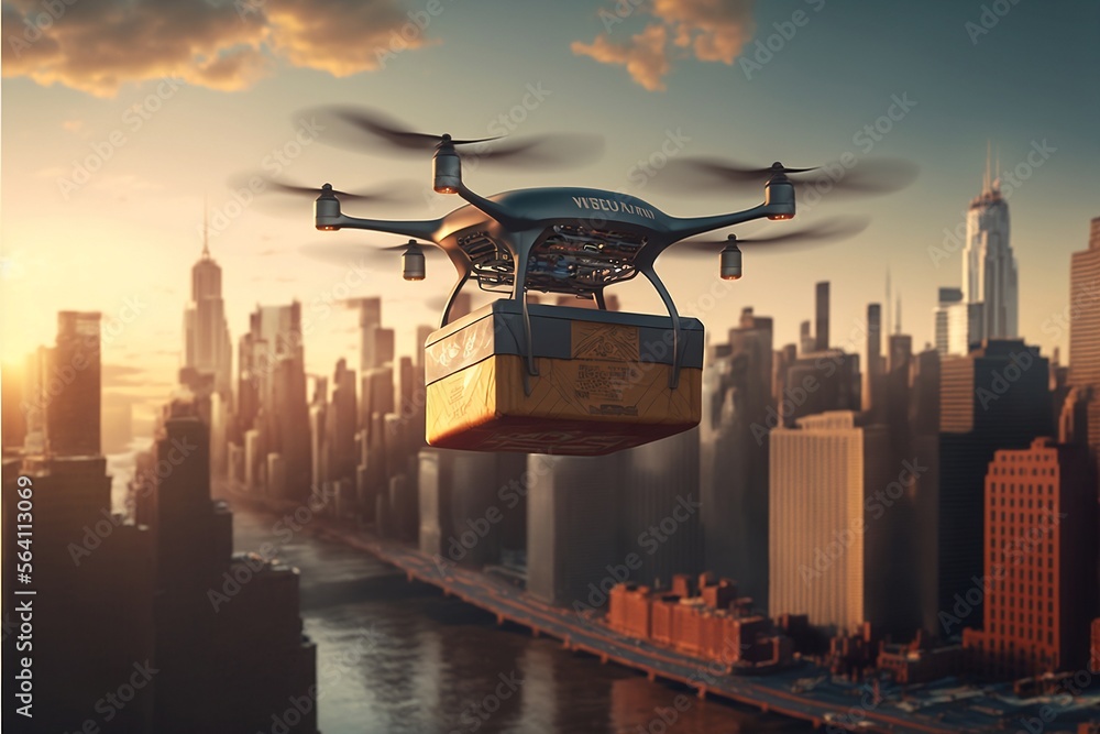 Wall mural top view delivery drone ,new you york city in the background, Cinematic landscape,Generative AI
