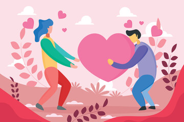 illustration about a man give a heart to a woman flat design, for background, wallpaper, valentine, care, affection, help, care