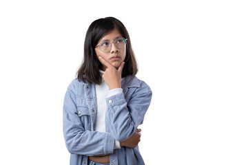 Mexican young woman wearing glasses, thinking expression