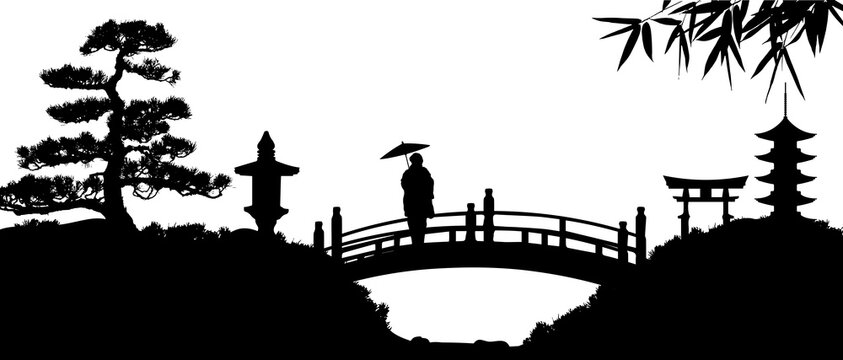 Japanese garden silhouette illustration	
 / png, no background