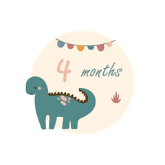 4 four months Baby month anniversary card metrics. Baby shower print with cute animal dino, flowers and palm capturing all special moments. Baby milestone card for newborn.