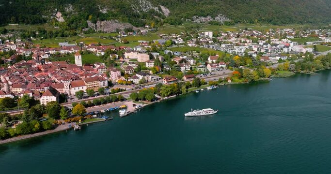 Aerial view of the town of La Neuveville on the shores of Lake Biel, Switzerland
