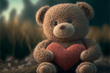 Cute fluffy teddy bear toy hold valentine heart, Valentine's and love concept,Generative AI 