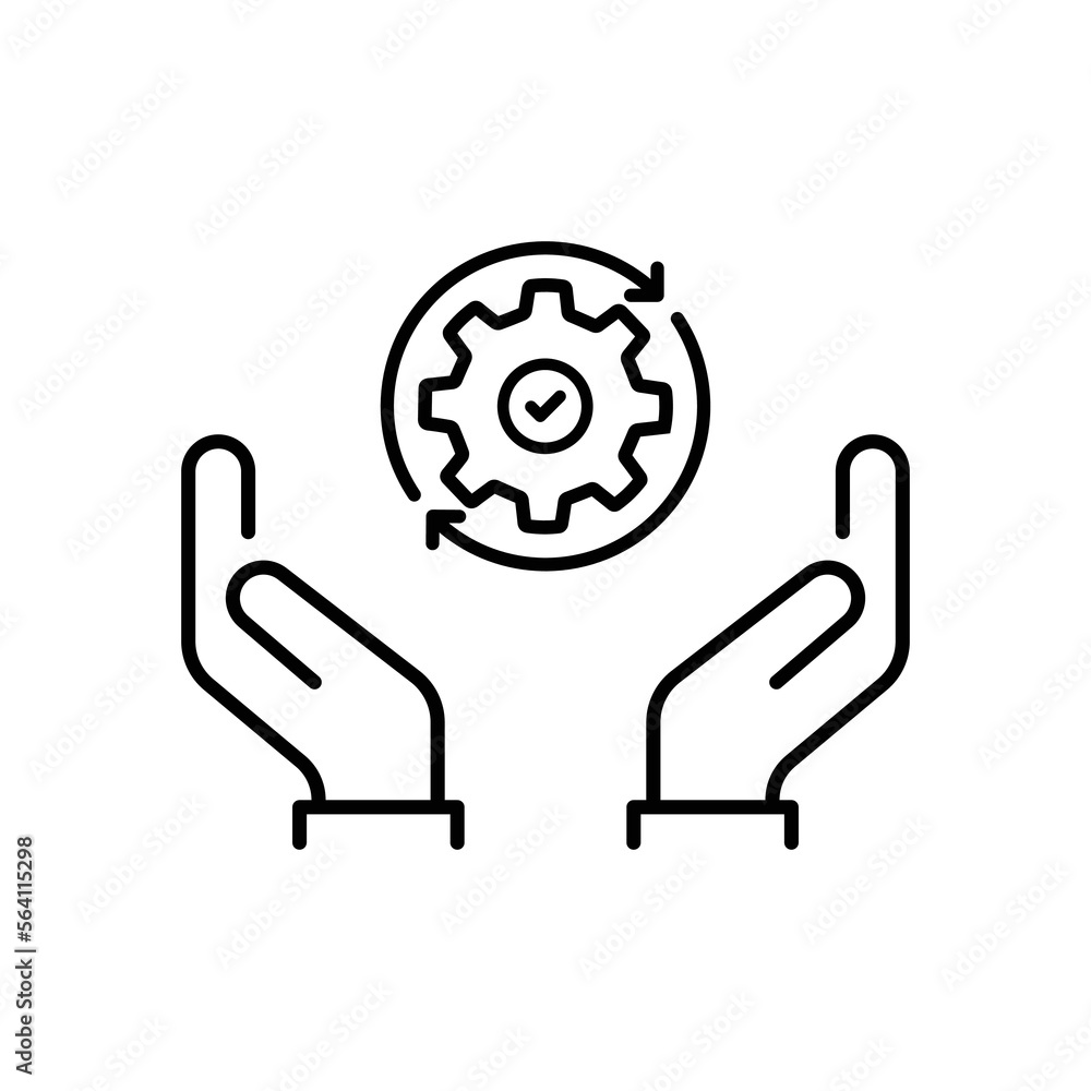 Poster hand holding gear like optimize system icon. linear trend modern simple digital perform logotype gra