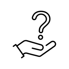 holding hand question mark icon, faq support, puzzled or uncertainty bubble, doubt ask, frequently information advice, thin line symbol on white background - editable stroke vector illustration