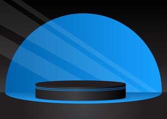 Abstract Mockup product display. Black and Blue vector 3D room, cylinder pedestal podium. Stage showcase for presentation. Futuristic Sci-fi minimal geometric forms, empty scene.