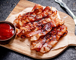 Pieces of fried bacon on a wooden cutting board. 