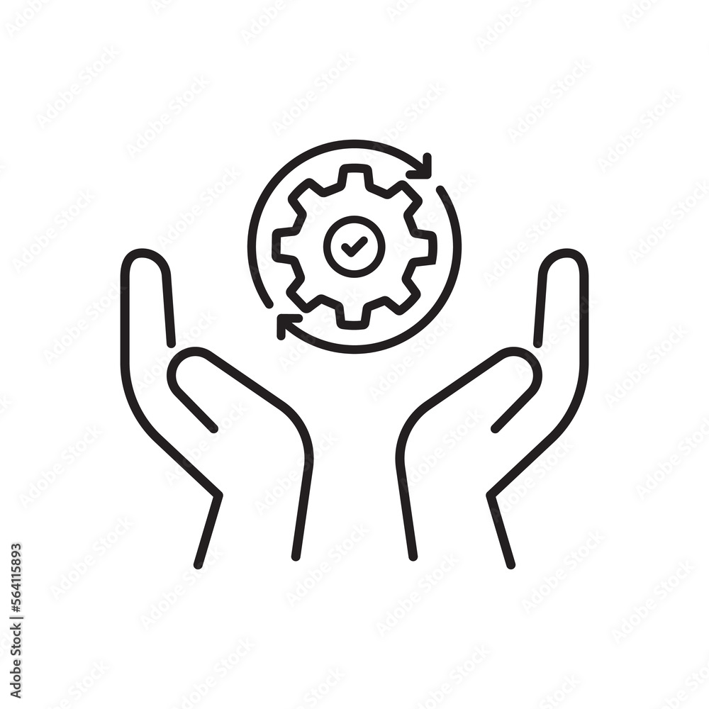 Poster hand holding gear like optimize system icon. linear trend modern simple digital perform logotype gra