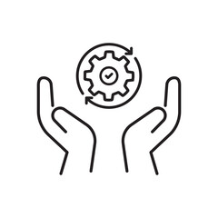 hand holding gear like optimize system icon. linear trend modern simple digital perform logotype graphic stroke design web element isolated on white. concept of workflow symbol or efficient pictogram