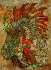 Obraz premium Colorful illustration with fantasy dragon and handsome warrior character boy, hero man or prince isolated on white, manga cartoon style