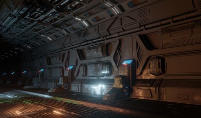 Control room system metal wall panel 3d rendering sci-fi interior wallpaper backgrounds © mapichai