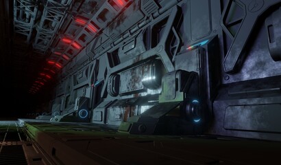 Metal wall with control system panel science fiction in dark scene 3D rendering sci-fi wallpaper backgrounds © mapichai