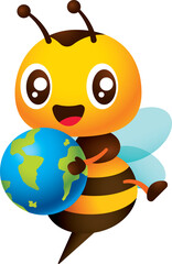 Obraz premium Ecological Sustainability concept. Cartoon cute bee holding globe character illustration