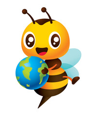 Ecological Sustainability concept. Cartoon cute bee holding globe character illustration