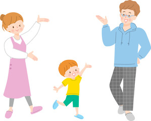 元気に紹介する笑顔の3人家族のイラスト