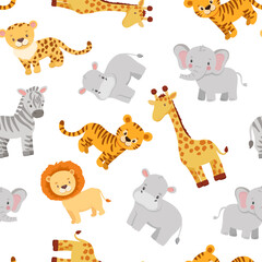 Obraz na płótnie Canvas Cute tiger, lion, giraffe and elephant in cartoon style. Vector seamless pattern for kids