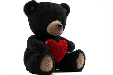 black teddy bear toy hold valentine heart, isolated on white background,Generative AI 
