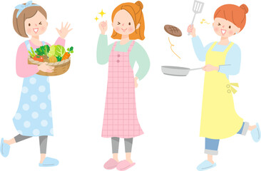 料理をする女性達のイラストセット