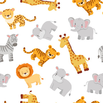 Cute tiger, lion, giraffe and elephant in cartoon style. Vector seamless pattern for kids