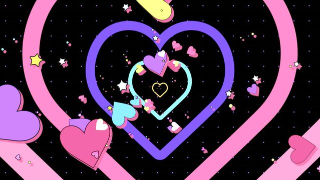 Looped colorful hearts and stars on black background motion graphics.