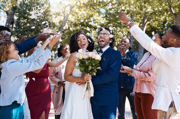 Wedding confetti, marriage couple and celebration of audience throwing flower petals outdoor....