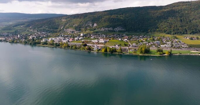 Aerial view of the town of La Neuveville on the shores of Lake Biel, Switzerland
