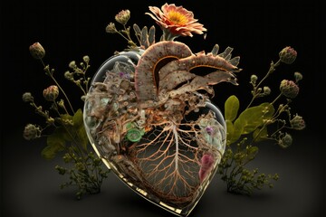 Glassy Botanical Anatomical Love Heart, AI Generated Image of an Abundant Heart Blossoming with Flowers