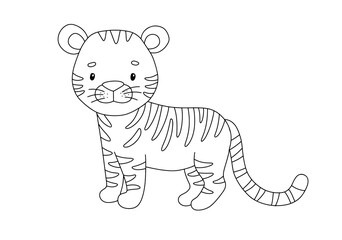 Cute tiger in line style. Drawing african baby wild cat isolated on white background. Vector sweet outline animal for childish coloring book. Jungle animal