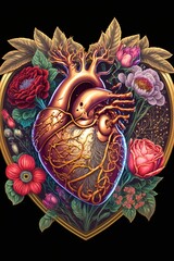 Metallic Floral Sacred Heart, Ai Generated Image of a Valentine's Day Heart with Flowers Growing Out of It