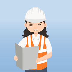Architect, technician and builders and engineers and mechanics and Construction Worker,Vector illustration cartoon character. Woman Engineer with white safety helmet and vest in construction site.