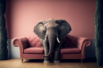 portrait Elephant sitting on the sofa guest room,Beautiful art wallpaper,Generative ai
