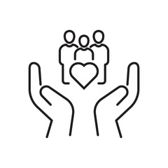 hand with heart community, icon, concept empathy or charity, solidarity love, care people, volunteer support, thin line symbol on white background - editable stroke vector illustration eps10 - obrazy, fototapety, plakaty