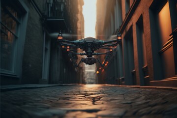 Fototapeta na wymiar delivery drone on street background, Cinematic ,Generative AI
